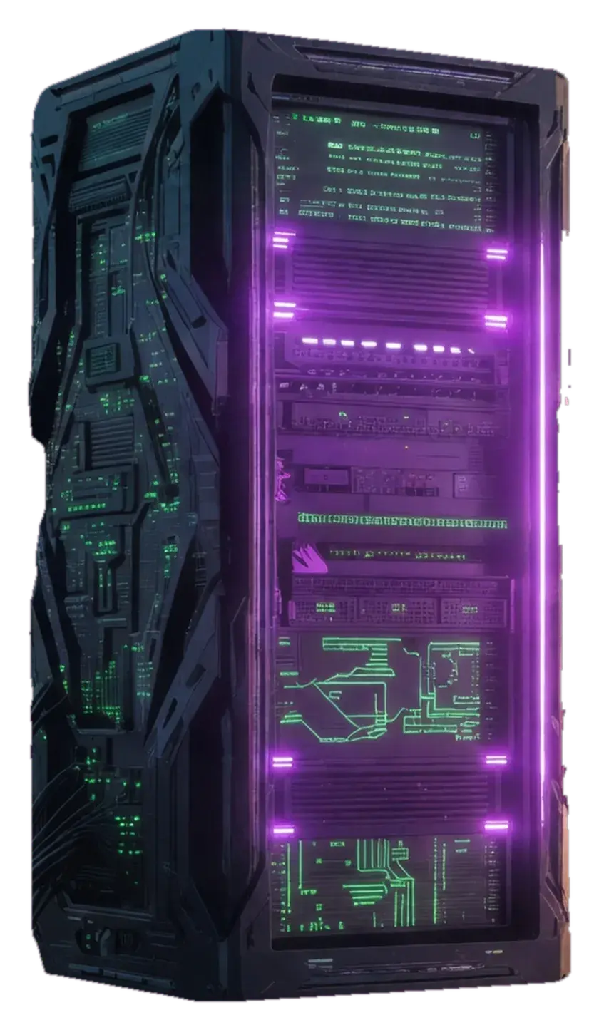 Stilisiertes Industrial-Cloud-Server-Tower mit mintgrünem Schaltkreis und lila AI-Glow.