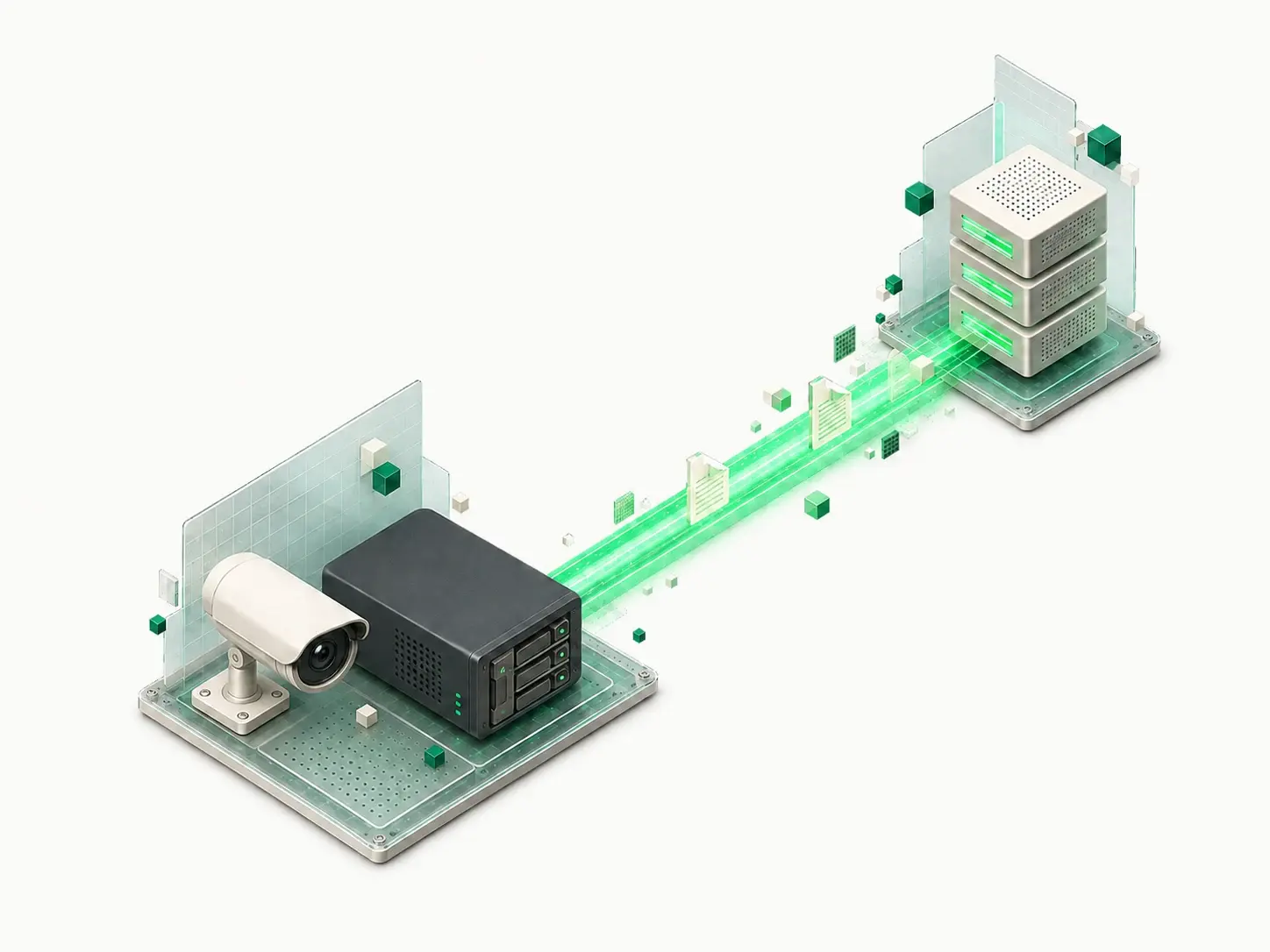 Illustration of a security camera and local recorder sending a copy of their files to separate off-site storage.