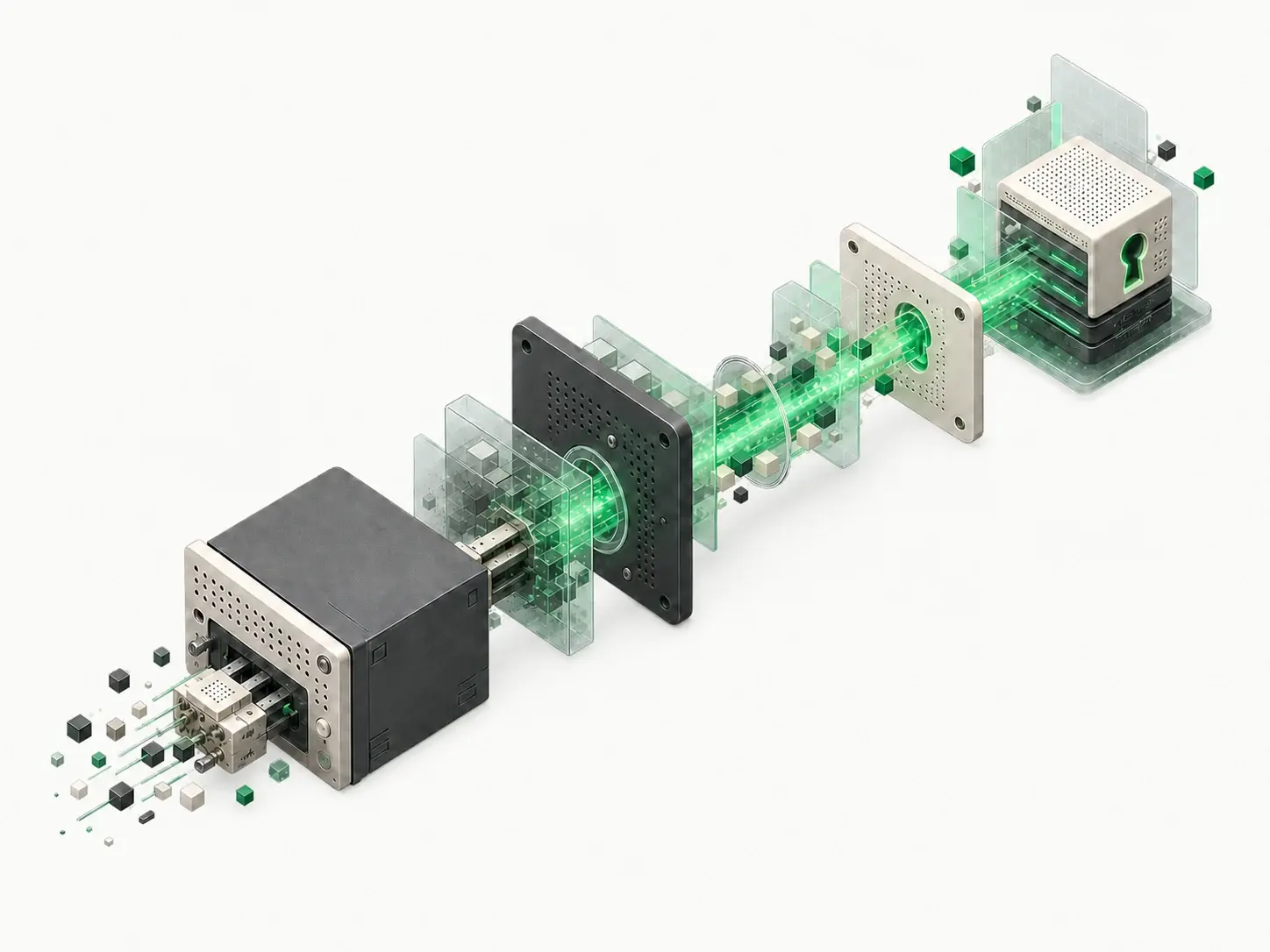Exploded technical view of a legacy FTP server being modernised through transparent security layers into managed SFTP storage.